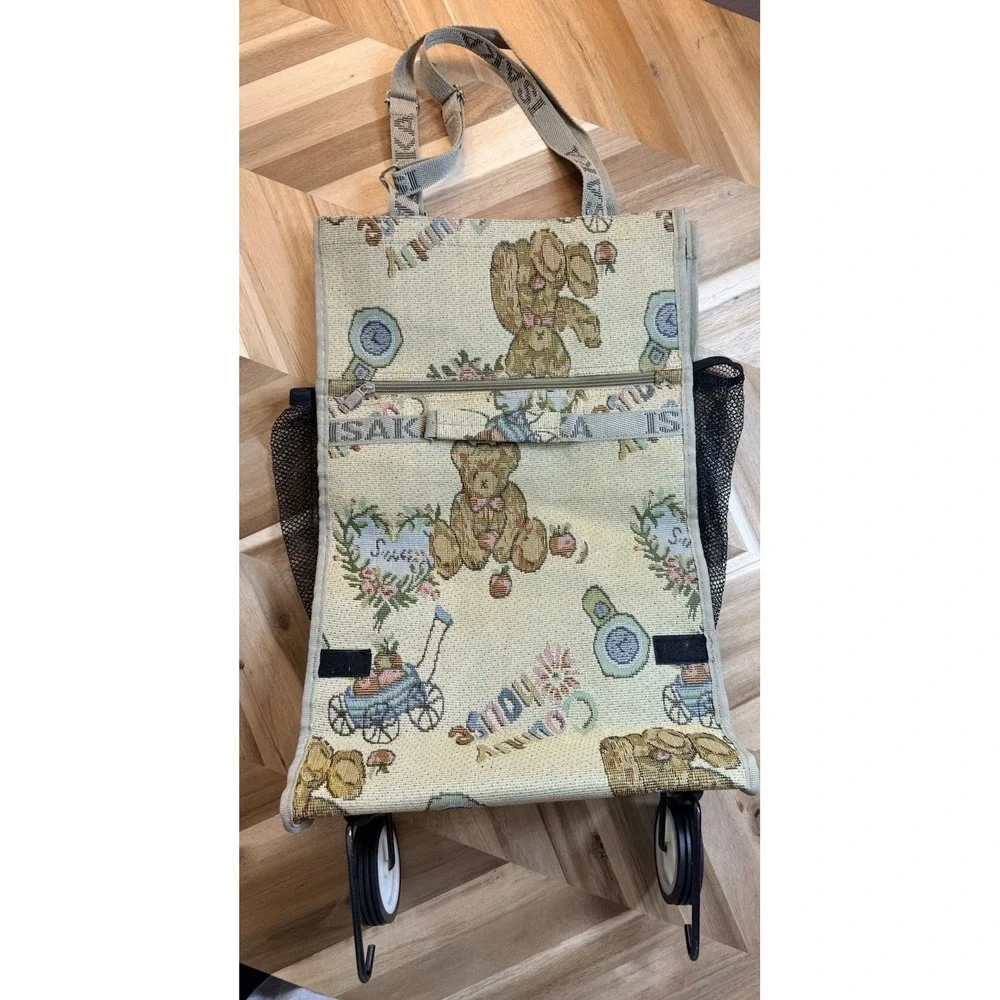 VTG 80s ISAKA Tapestry Country Bear Shopping Bag Tote on Wheels Cottagecore Twee